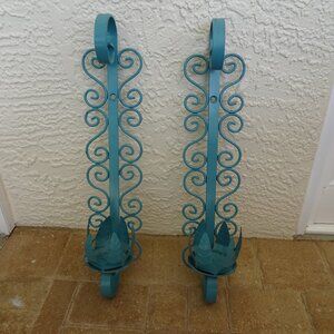 Pair of Wall Candle Sconce Vintage Candelabra Blue Wire Scroll Leaf Detail